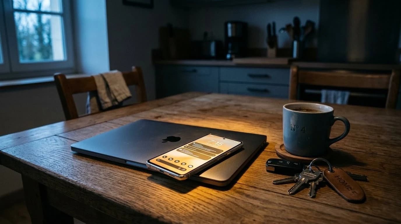 Un ordinateur fermé et un téléphone allumé sur une table, à l'aube