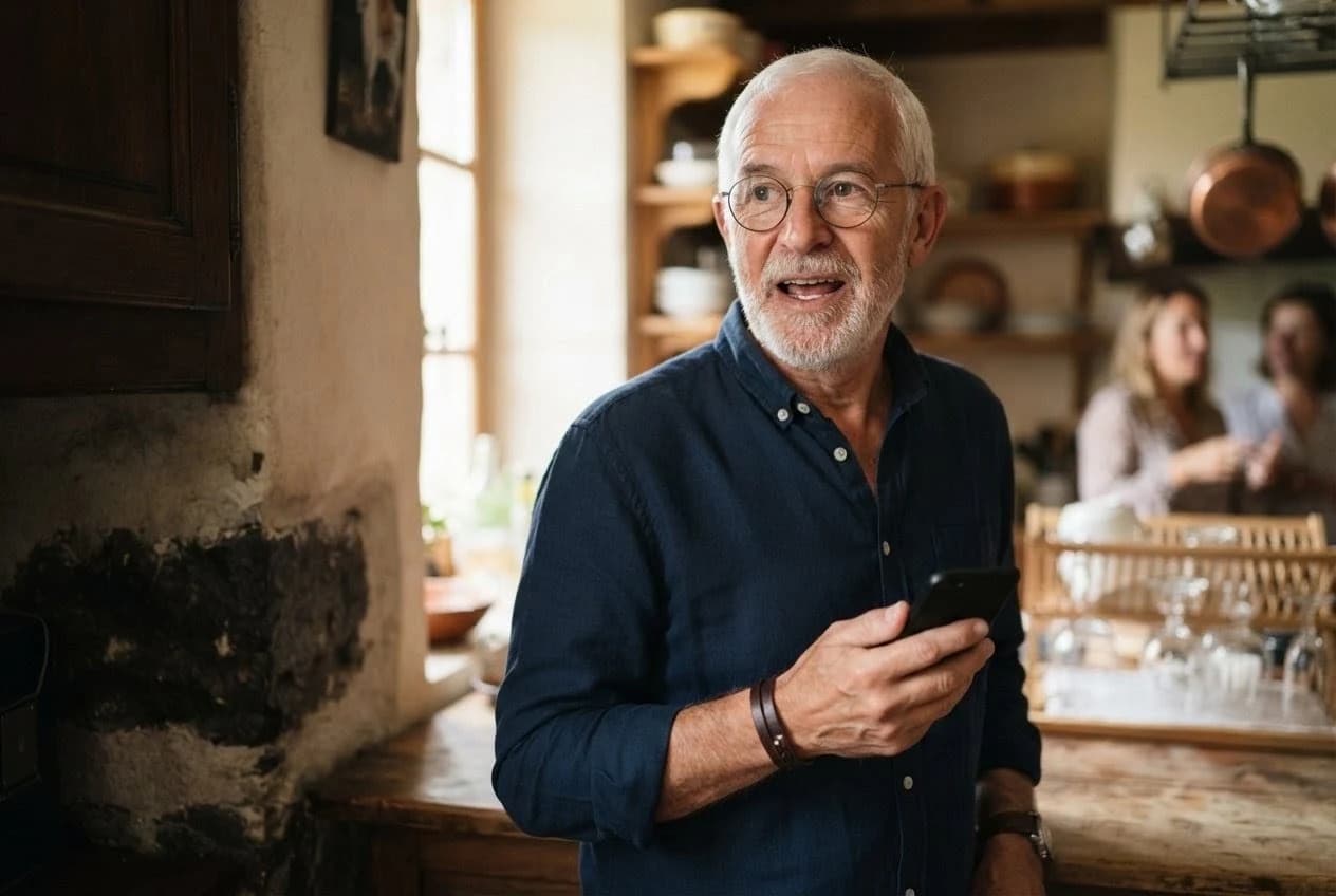 Un hôte formule sa demande à voix haute, son téléphone à la main