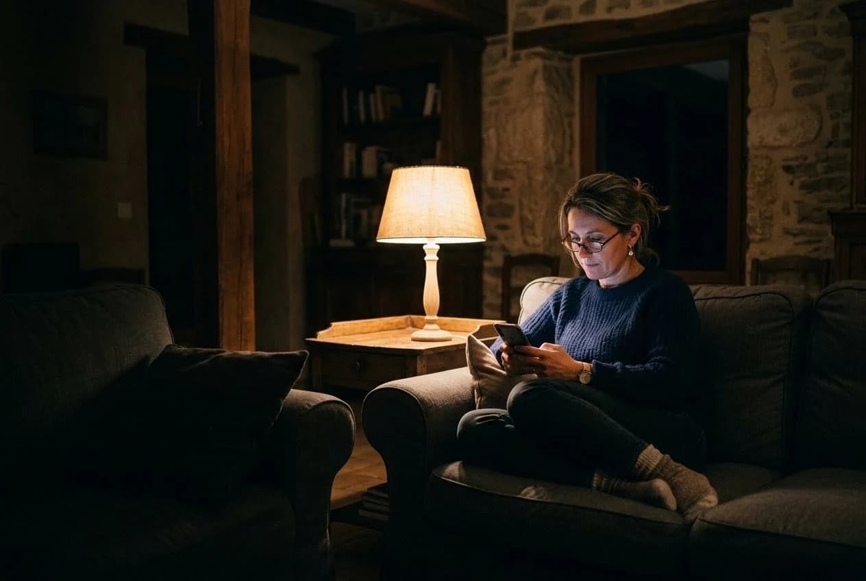 Une hôtesse consulte son téléphone tard le soir, dans son salon
