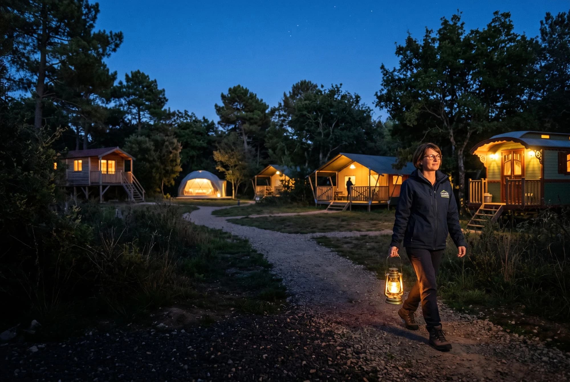 Un domaine de nuit, chaque hébergement éclairé, l'hôtesse en tournée du soir