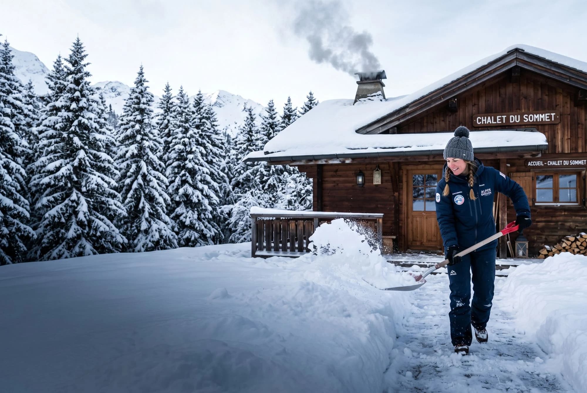 Une hôtesse déblaie devant son chalet en plein hiver