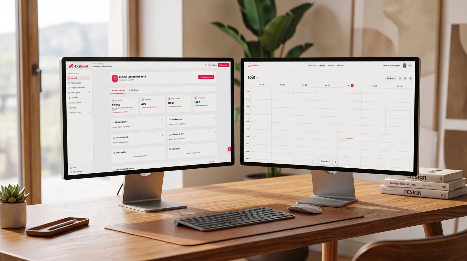Le tableau de bord HoteBoost et le calendrier d'une plateforme, côte à côte