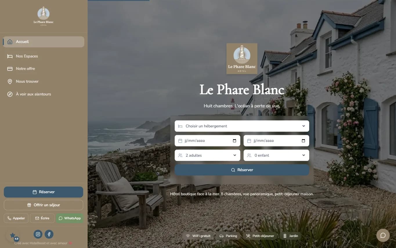 Site de réservation directe HoteBoost, exemple Le Phare Blanc