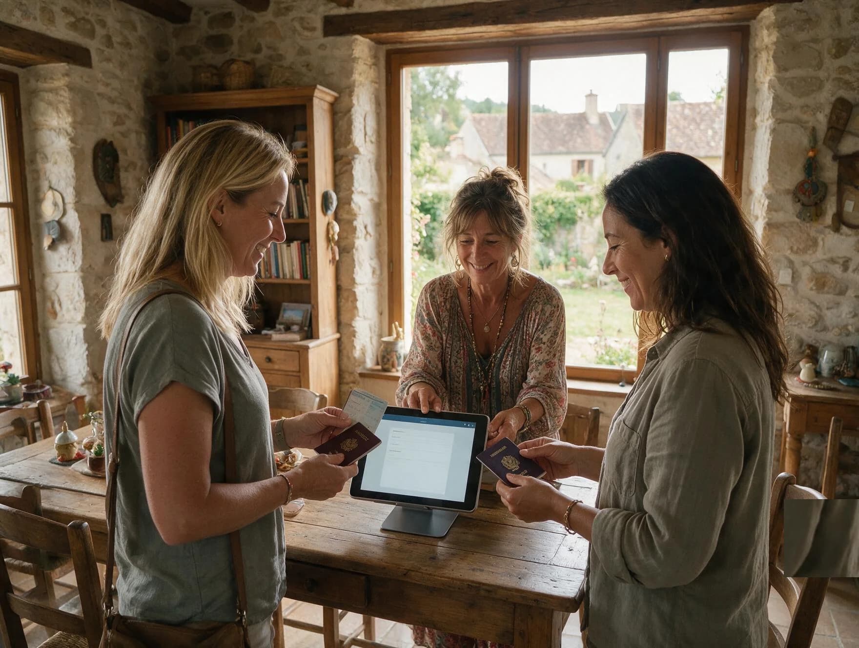 Hôte faisant remplir la fiche d'arrivée sur tablette à ses voyageuses