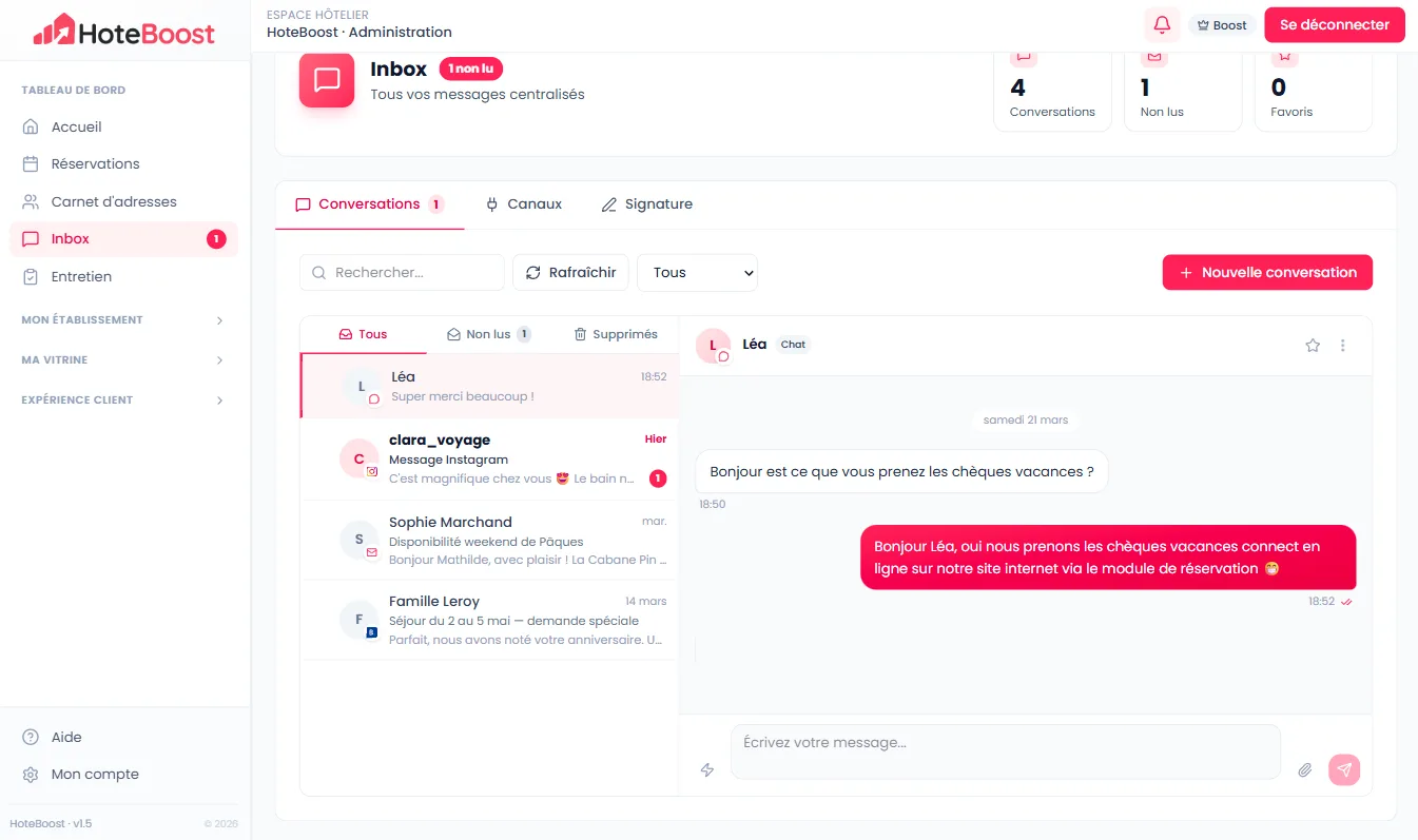 Conversation voyageur dans la messagerie HoteBoost