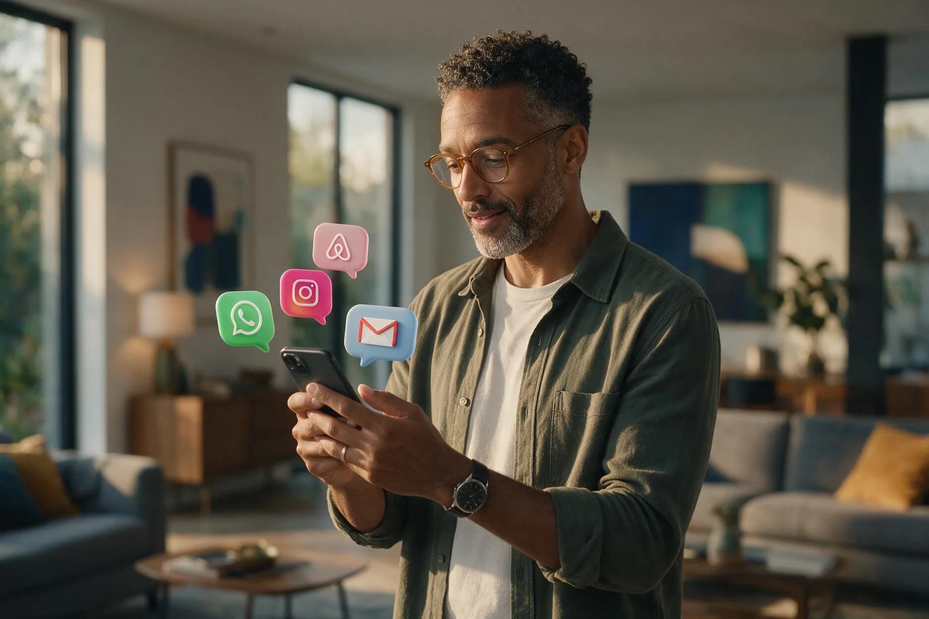 Hôte répondant à ses messages, WhatsApp, Instagram, Airbnb et email réunis