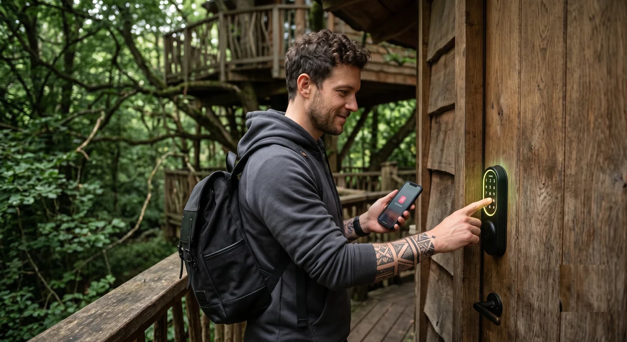 Voyageur tapant son code sur la serrure connectée d'une cabane
