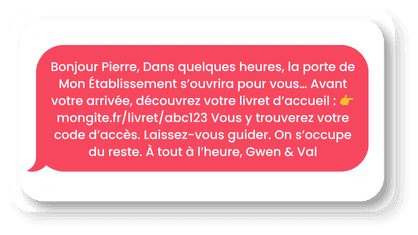 SMS reçu par le voyageur : lien vers son livret d'accueil contenant le code d'accès