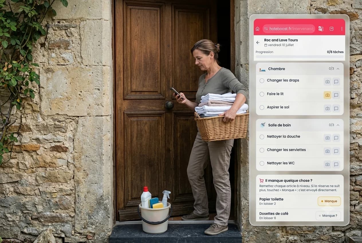 Une intervenante arrive au gîte, sa tâche du jour déjà sur son téléphone