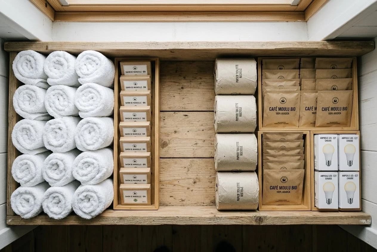 Réserve d'un hébergement : serviettes, savons, papier, café et ampoules rangés par catégories