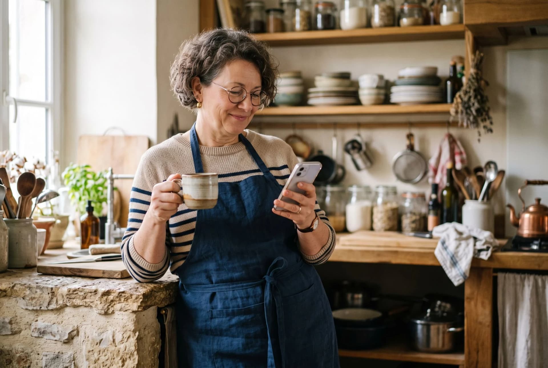 Une hôte vérifie sur son téléphone que le paiement du séjour est bien arrivé, dans la cuisine de sa maison d'hôtes
