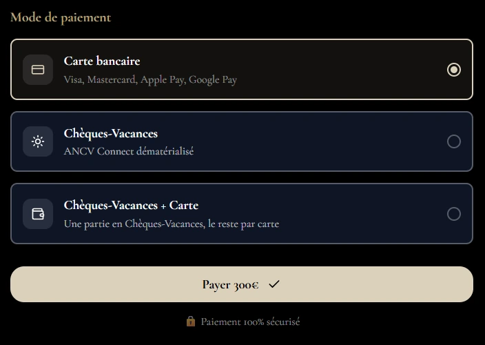 Choix du moyen de paiement sur le site de réservation directe d'un hébergement : carte bancaire, Chèques-Vacances ou les deux